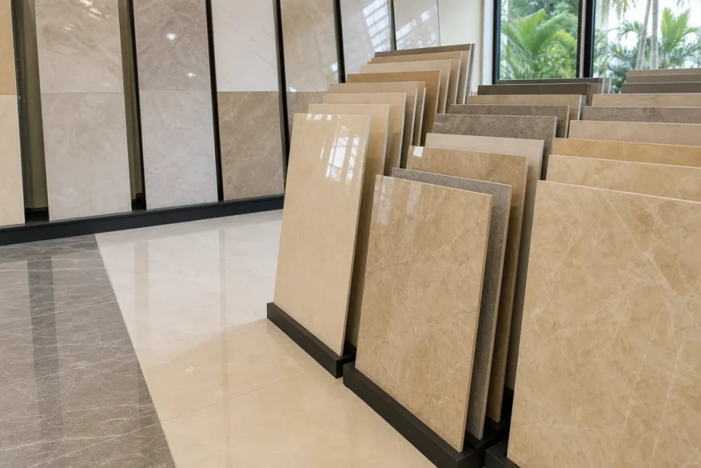 Gạch men bóng và mờ trong showroom gạch