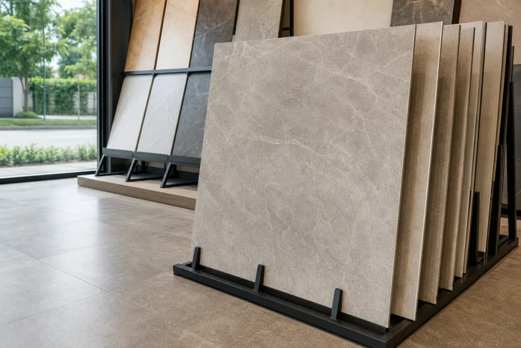 Gạch porcelain lát nền hiện đại màu xám đá
